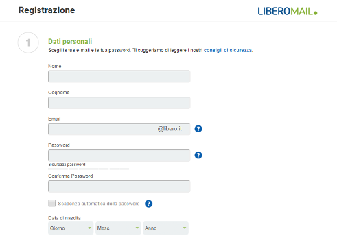 dati personali per iscrizione email libero