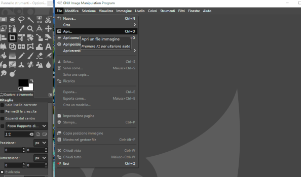 schermata per caricare file in gimp