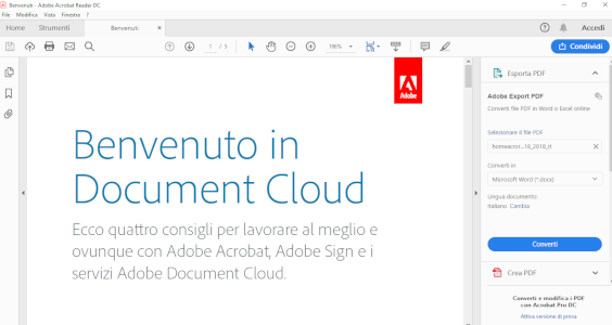 schermata iniziale adobe reader